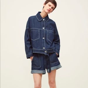 Zara dark blue denim contrast stitch short w/ tie